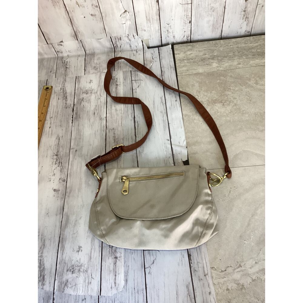 Nylon Elephant Cream Leather Purse w/ Brown Straps Crossbody Shoulder Bag